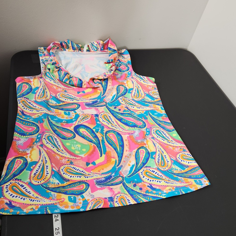 Lulu-B Sleeveless Ruffle Cowl Neck Paisley Print Top Multi-Color Pink Blue Med - Picture 6 of 9